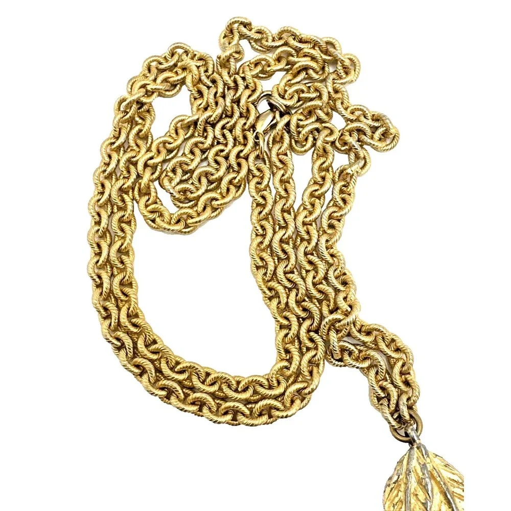 Vintage Tassel Necklace Long Gold Tone Chain Leaf Ring Statement Boho 33